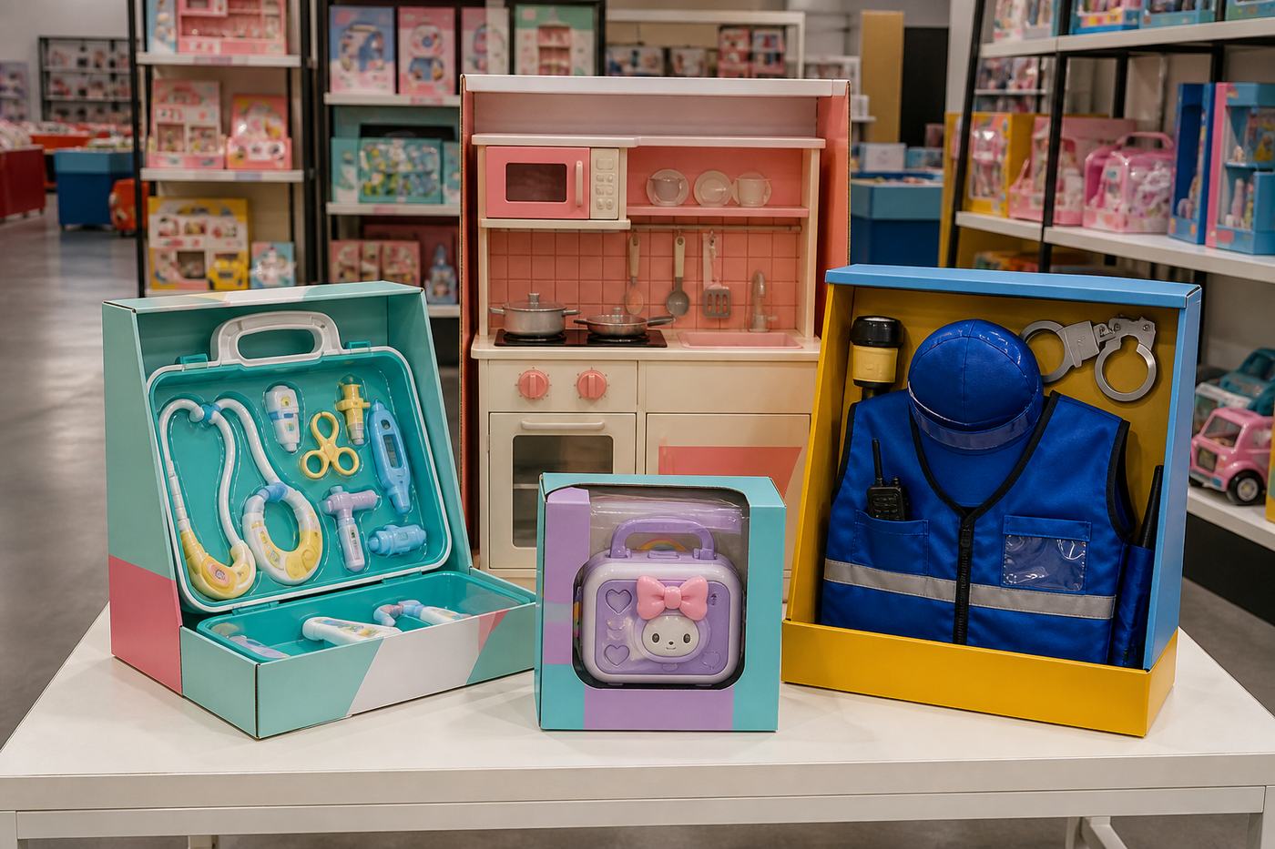 Pretend-play kits and giftable toys arranged for a wholesale assortment