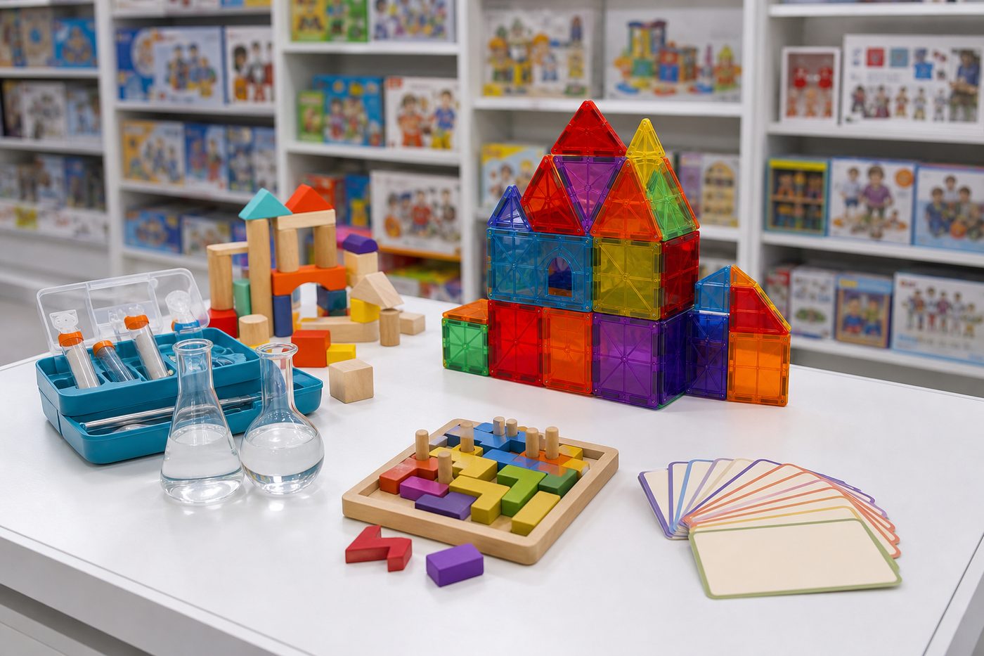 STEM and educational toys arranged for wholesale review in a Chenghai showroom