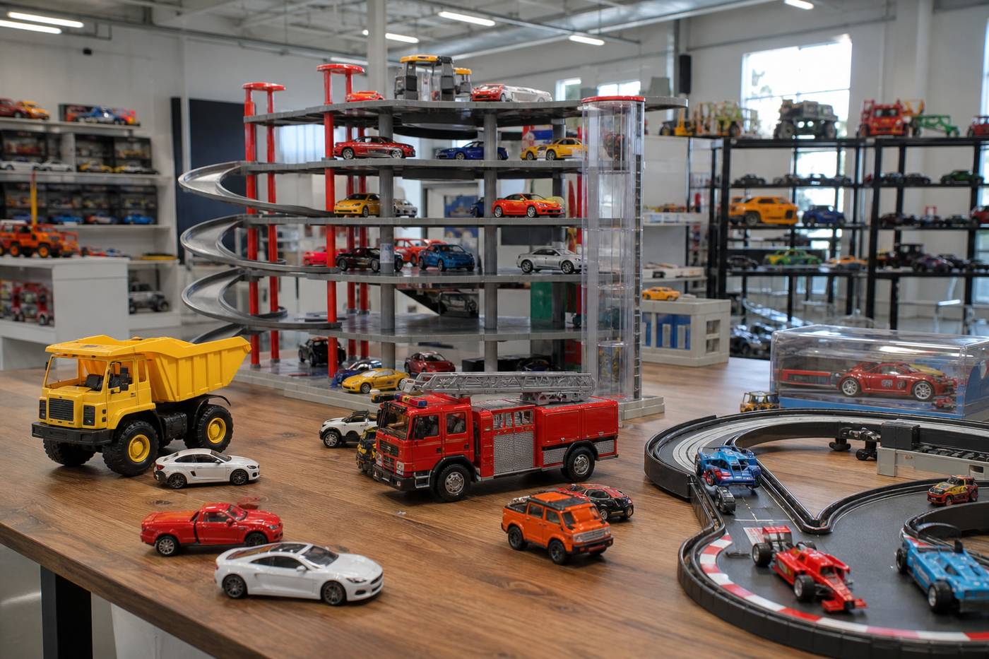 Die-cast cars, parking garage and vehicle playsets on a wholesale table