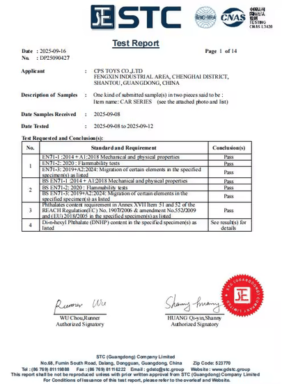 Example first page of an EN71 toy safety report