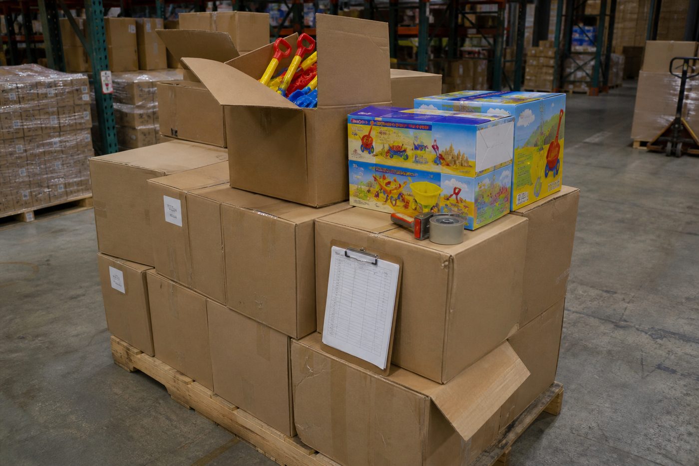 Carton-ready toy assortment in a warehouse