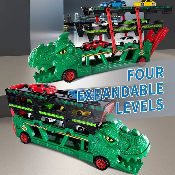 CHT-302886 Diecast Toy Dinosaur Truck with 6 Alloy Cars in 164 Scale wi