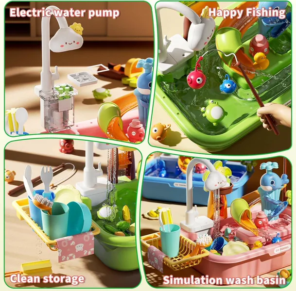 CHT-294663 3-in-1 Plastic Toddler Kitchen Pretend Play Sink with Runnin