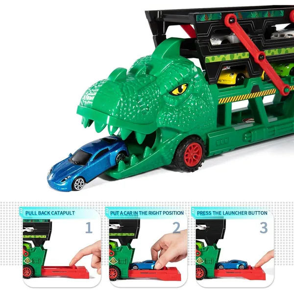 CHT-302886 Diecast Toy Dinosaur Truck with 6 Alloy Cars in 164 Scale wi