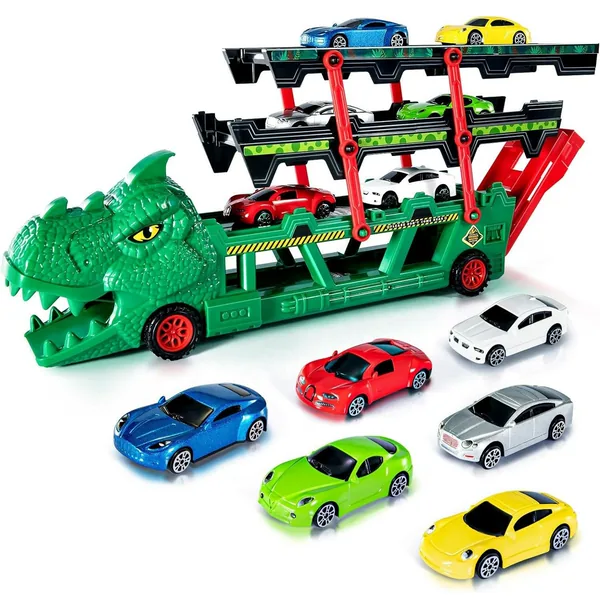 CHT-302886 Diecast Toy Dinosaur Truck with 6 Alloy Cars in 164 Scale wi